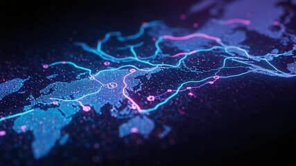 Digital map visualization with vibrant neon colors showcasing global connections - Powered by Adobe