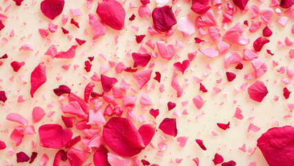 Crushed rose petals sealed in epoxy resin texture, romantic background for Valentine’s Day promotions or perfume sample cards