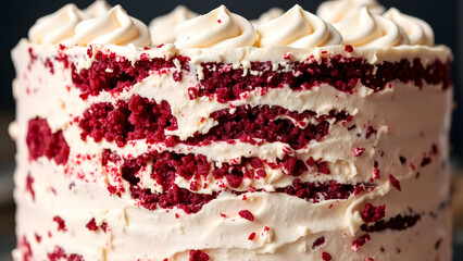 Crushed velvet cake texture with raspberry layers and cream swirls, foodie background for baking YouTube channels or dessert cafe menus