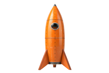 Vintage orange rocket ship with metal rivets isolated against PNG background, rocket, spaceship, space, retro, vintage, orange, metal, riveted, futuristic, science, travel, exploration, technology, 