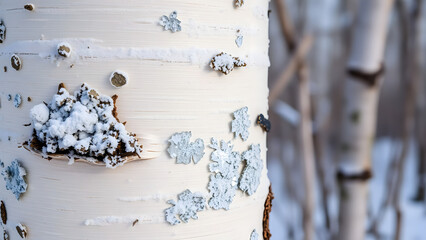 Frosted birch bark texture with silver lichen patches, winter forest background for holiday card designs or eco-friendly packaging