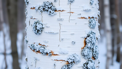 Frosted birch bark texture with silver lichen patches, winter forest background for holiday card designs or eco-friendly packaging