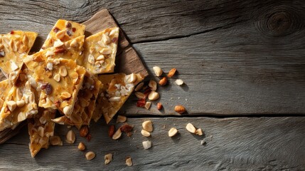 Crispy nut brittle with mixed nuts scattered on dark wooden surface for sweet snack or dessert