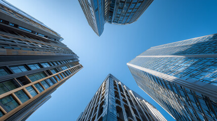 Modern office building photographed from a low angle, emphasizing height, structure, and architectural design. Captures urban development and corporate atmosphere with dramatic perspective.