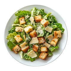 Fresh Caesar Salad with Croutons and Parmesan Cheese on a White Plate