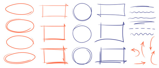 Hand drawn highlight, arrows, text underline strokes and emphasis marks. Set of Sketches of ellipse, rectangle, square, oval and mark. Collection of brush doodle elements and shapes for message notes