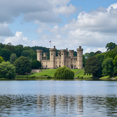 Obraz premium View across the lake to the castle, former home of Catherine of Aragon, first wife of Henry VIII, Leeds Castle, Kent, England, United Kingdom