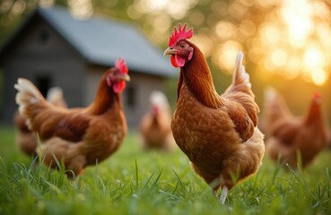 Free range chickens on green grass in farm. Happy brown hen walking on yard near rural house. Fresh air, poultry farming, organic meat, eggs. Agriculture industry.