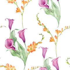 Calla lilies and freesia flowers seamless watercolor pattern. Hand drawn floral ornament isolated on white background. Template for textile design, packaging, wrapping paper.