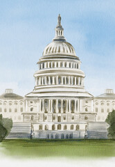 Capitol in Washington D.C. Watercolor illustration. Sketch. Hand drawing. Children's drawing. Building in the USA. Postcard or banner. Souvenir for tourists.