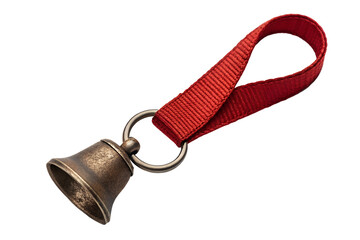 Antique bronze bell with red ribbon loop isolated against a PNG background, bell, bronze, antique, vintage, metal, ribbon, red, loop, ring, handle, isolated, black background, object, sound, notific