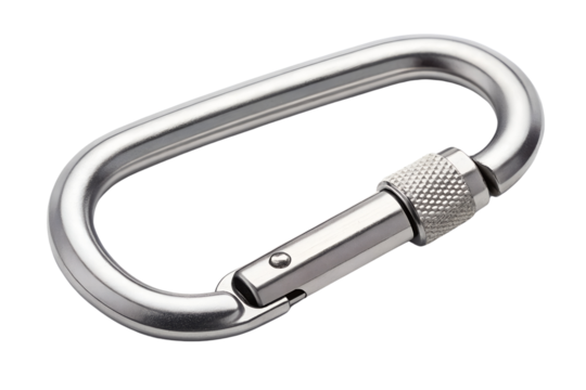 Close up of a shiny metal carabiner with a locking mechanism isolated on PNG background, carabiner, metal, steel, safety, security, clip, hook, hardware, climbing, mountaineering, equipment, gear, t