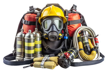 Complete set of firefighting equipment including mask breathing apparatus and safety gear ready for action, firefighter, firefighting, equipment, gear, safety, protection, respirator, mask, breathing 