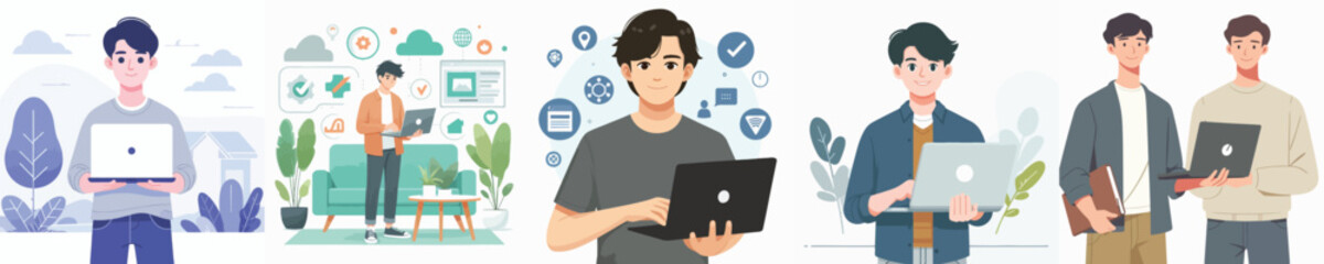 young man character vector holding laptop