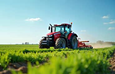 Naklejka premium Red tractor plowing green field. Agricultural machine cultivating land for planting crops. Modern tractor doing farm work at sunny day. Farming, agriculture, technology, nature.