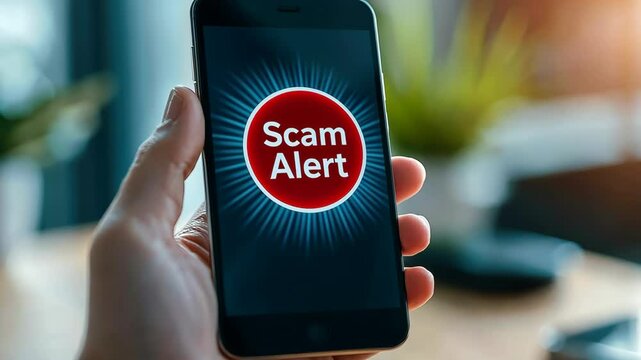 Spam call phone security concept. Warning Message on Smartphone Display Indicating Fraudulent Activity with Red Alert Signal and Hand Holding Device