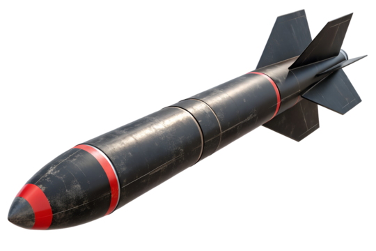 Detailed rendering of a missile with red striping against a deep PNG background, missile, rocket, weapon, military, warfare, war, defense, bomb, explosive, armament, air-to-air, air-to-surface, grou