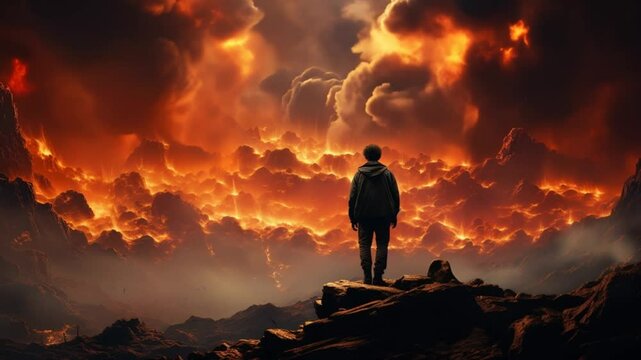 Lone man standing on cliff watching apocalyptic fiery clouds and volcanic eruption in dramatic inferno landscape.
