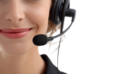 Elegant woman in digital marketing role wearing headphones and microphone, cropped to torso, white background, PNG