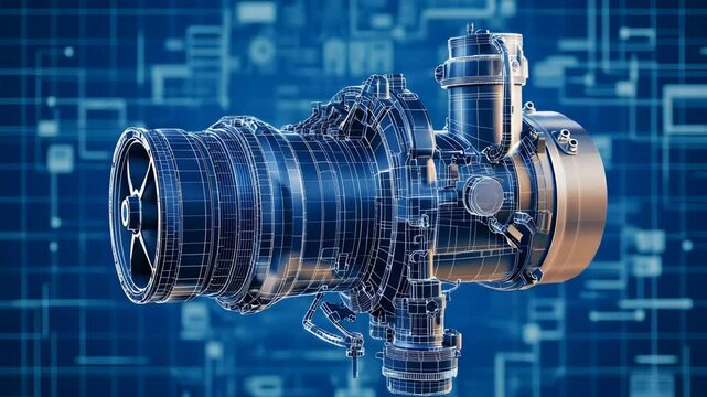 Turbocharger installation concept. 3D Wireframe Model of High-Performance Turbine Engine with Abstract Digital Background