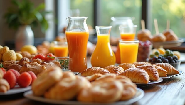 Office brunch with assorted pastries, fresh fruit and juices laid out. Delicious and nourishing treats for team members. Meeting, gathering at workplace. Healthy, refreshing meal, business break.