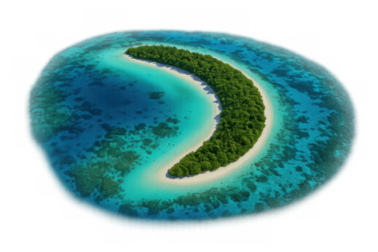 Aerial view revealing lush tropical half-moon island bordered by turquoise waters, coral reefs glowing against transparent background