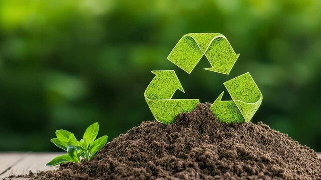 Green Recycling Symbol Surrounded by Fresh Soil and Young Plant in Natural Environment with Soft Focus