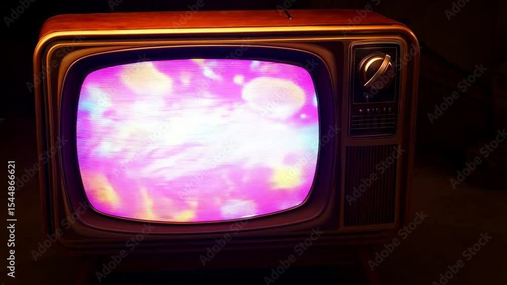 Poster vintage television displaying colorful pixel glitches and vhs artifacts with animated static