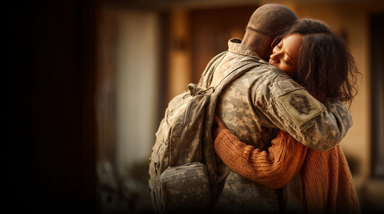 A soldier embracing his wife in a heartfelt moment. Captures love, reunion, sacrifice, and emotion with powerful human connection and military family life.