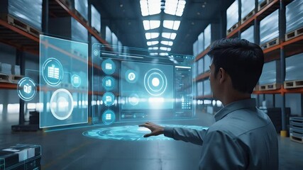 Man interacting with futuristic digital interface inside modern warehouse environment with virtual logistics and inventory icons

 - Powered by Adobe