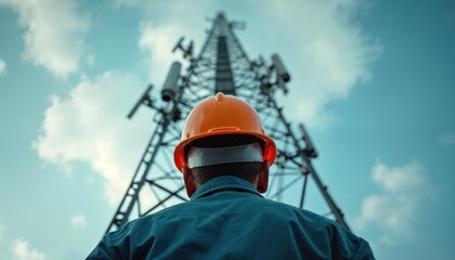 Telecommunication tower technician. Orange hard hat. Male worker climbs high on network antenna tower. Cloudy sky background. Telecom engineer checks cellular signal. Safety construction, industry.