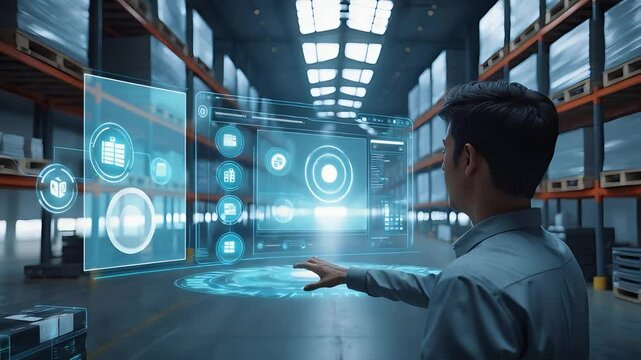 Man interacting with futuristic digital interface inside modern warehouse environment with virtual logistics and inventory icons

 - Powered by Adobe