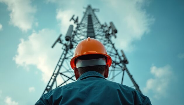 Telecommunication tower technician. Orange hard hat. Male worker climbs high on network antenna tower. Cloudy sky background. Telecom engineer checks cellular signal. Safety construction, industry.