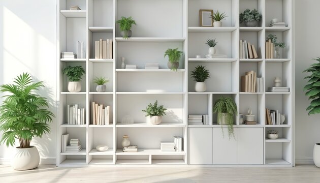 Classic white wooden bookshelf with books, green plants. Modern home decor with adjustable shelves. Clean design, storage solution for home office. Minimalist aesthetic, perfect for interior design. - Powered by Adobe