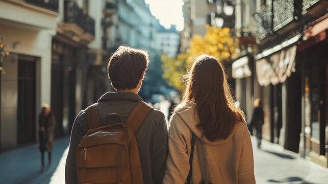 Couple walking through a European city street Close-up - Powered by Adobe