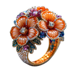 Elegant Beaded Flower Ring Exquisite Design Peach Orange Gemstone Jewelry Statement Piece Artistic Handmade Craft Colorful Floral Adornment Luxury Fashion Accessory Beautiful Women's Ring Unique Style