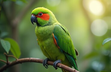 Obraz premium Regent parrot sitting on tree branch. Bright green plumage with red and yellow markings. Black beak, colorful feathers, wildlife. Australian bird. Tropical aviary animal pet.