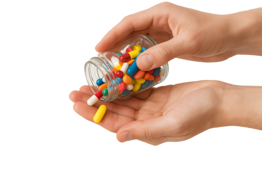Hands Holding Colorful Pills Spilled from Glass Jar