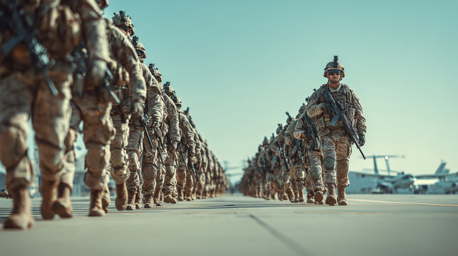 Military troops marching in formation with discipline and unity. Captures strength, order, and national service with synchronized movement and powerful visual impact.