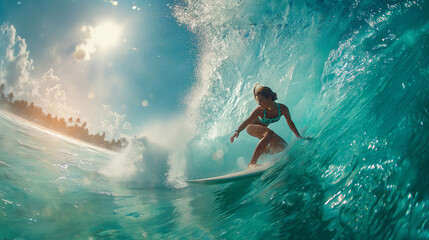 Female surfer riding the waves with strength and balance. Captures adventure, freedom, and ocean lifestyle in dynamic motion and natural light.