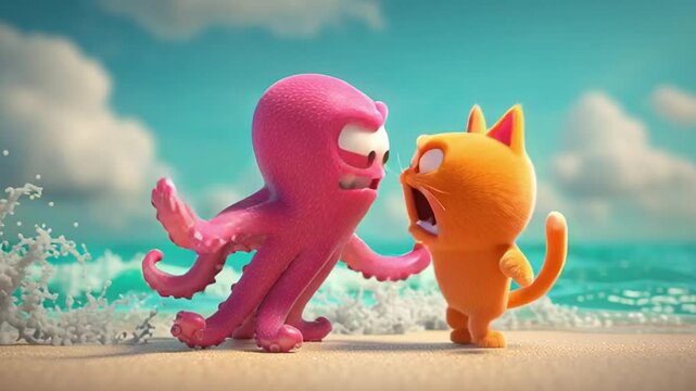 Stylized animated cartoon scene on tropical beach with expressive pink octopus and orange cat in dramatic confrontation full of emotion and energy