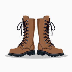 Illustration of Two Brown Leather Combat Boots with Black Laces and White Background, Fashion Footwear