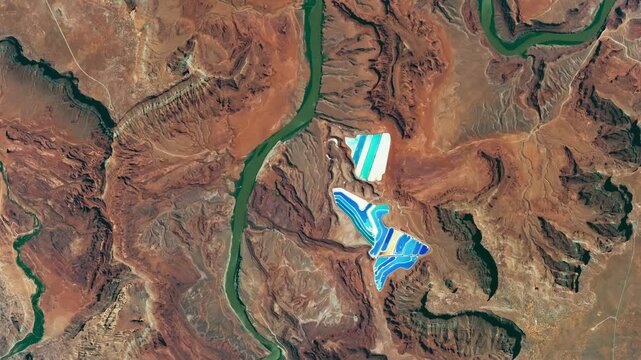 Panoramic shot on potash ponds, red rocks, deserted dry area with canyon of a river. Camera is zooming in, rotating clockwise. Animation based on image by NASA