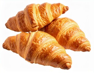Three golden brown croissants freshly baked isolated on white background