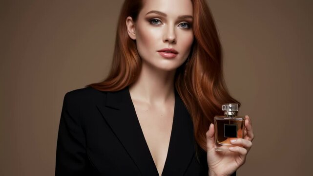 Elegant woman displaying perfume bottle in stylish studio setting with sophisticated expressions