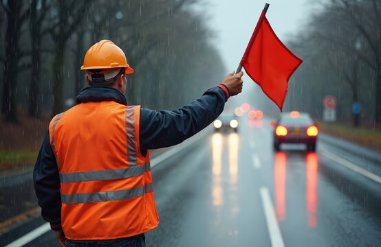 Flagger directs traffic on rainy day road. Worker in orange vest with red flag signals cars. Safety man at roadwork, construction site, managing vehicle flow. Emergency alert, urban scene.