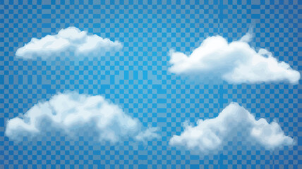 realistic fluffy white cloud collection on transparent background, isolated cumulus elements for weather, sky, and design projects