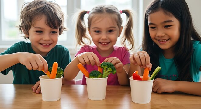 Happy Diverse Children Enjoying Healthy Carrot and Cucumber Snacks
