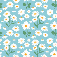 Camomile flowers seamless pattern on blue background. Flat creative daisy flowers plants and flower head pattern for fabrics, textile, packaging, prints