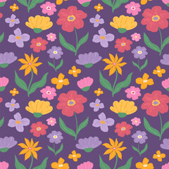 Colorul flower vector seamless pattern. Abstract wildflowers and foliage hand drawn pattern. Spring floral pattern for textile, kids, fabrics, decor, print design, cards,packaging